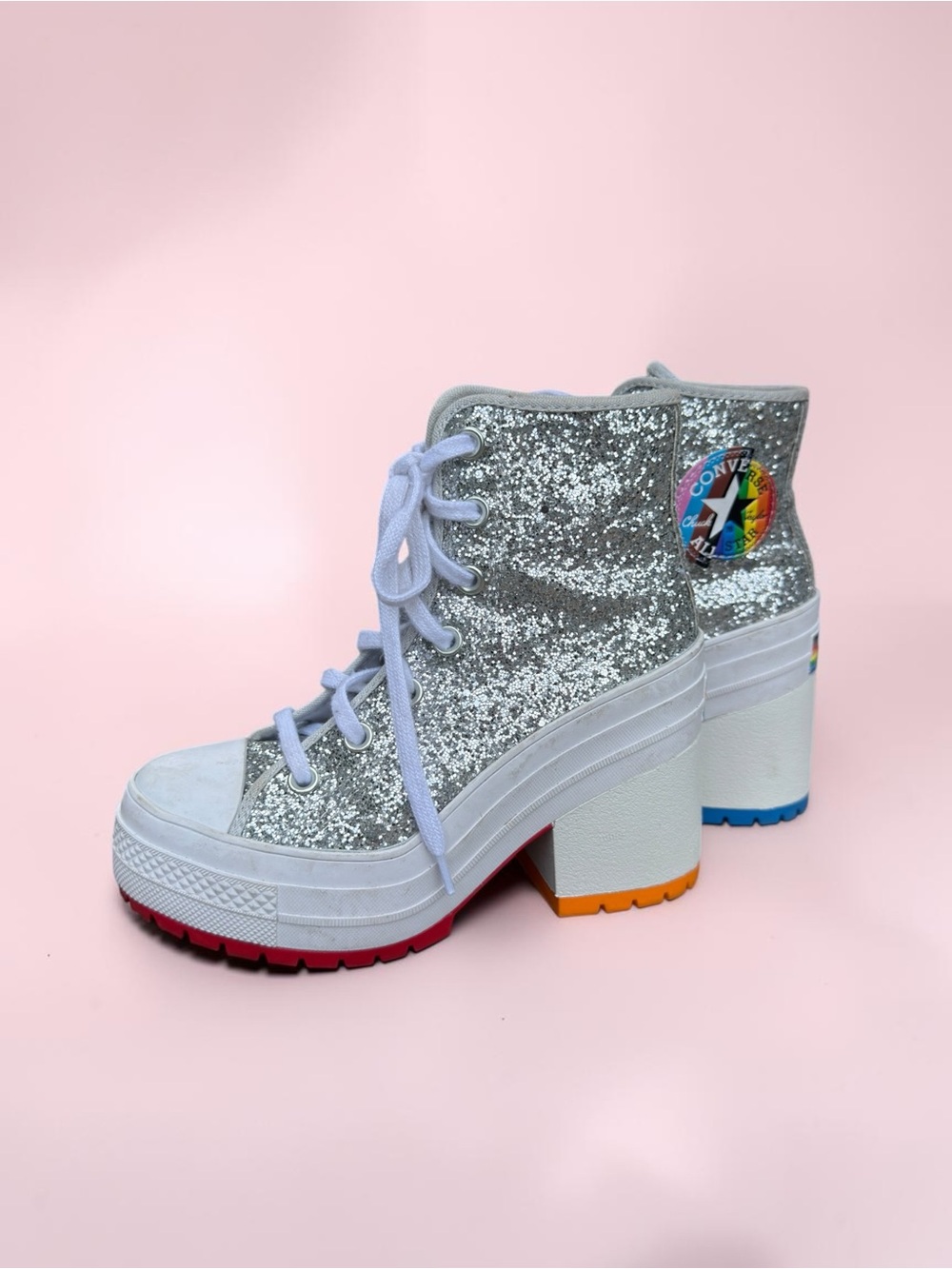 Converse Chuck 70 De Luxe Heel Disco Glam Silver Glitter Pride Chunky women sz 5 - Picture 6 of 13